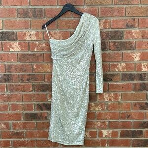 Champagne Sequin One Shoulder Fitted Midi Gown Formal Dress
